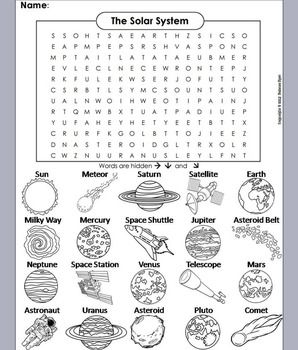 Solar system and planets activity word search worksheet planets activities solar system activities solar system