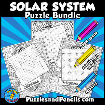 Solar system word search puzzle activity pages with coloring bundle puzzles