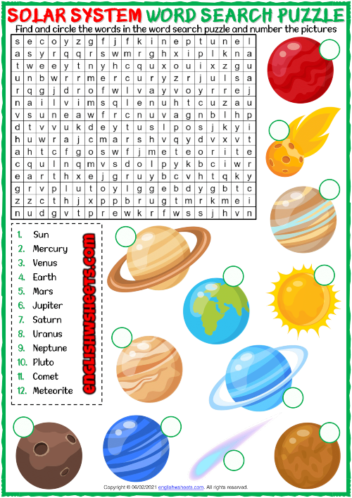 Solar system esl printable word search puzzle worksheet