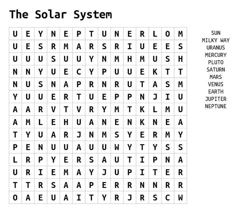 Solar system word search activity shelter