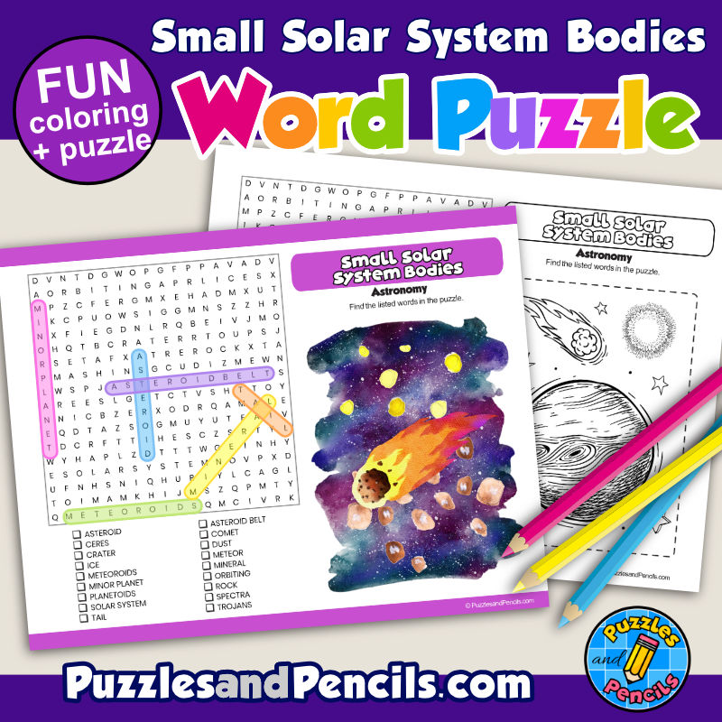 Small solar system bodies word search puzzle activity page astronomy wordsearch made by teachers