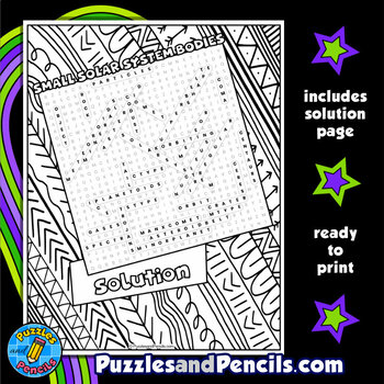 Small solar system bodies word search puzzle activity page with coloring