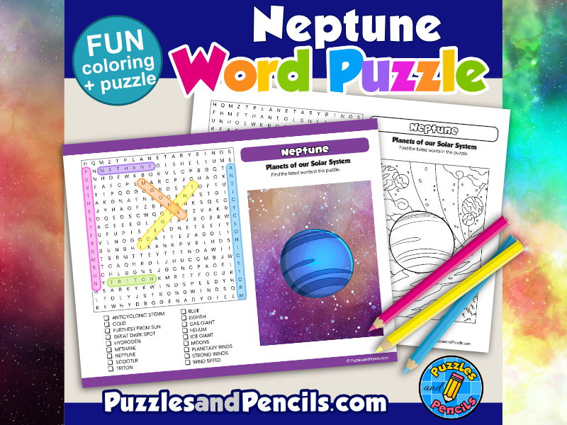 Neptune word search puzzle activity page with colouring planets solar system wordsearch teaching resources