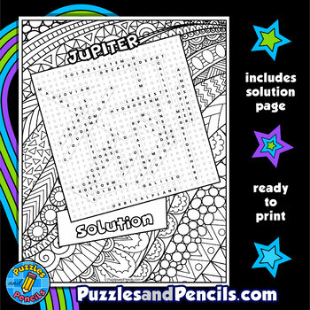 Jupiter word search puzzle activity page with coloring solar system planets