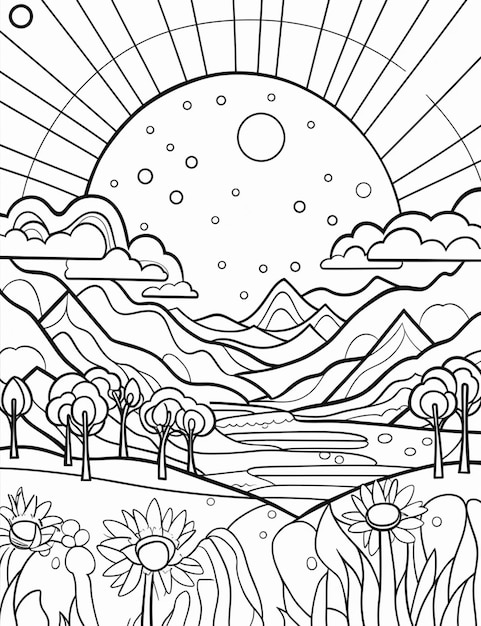 Premium ai image a coloring page with a landscape and sun in the background generative ai