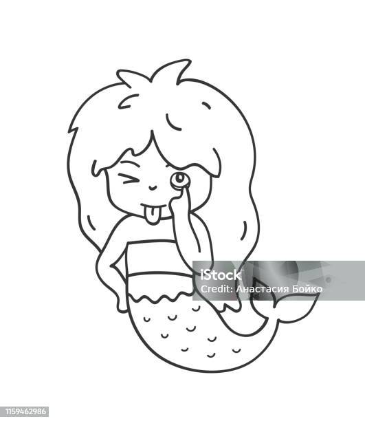 Mermaid in headphones listening to music cute cartoon character for emoji sticker pin patch badge stock illustration