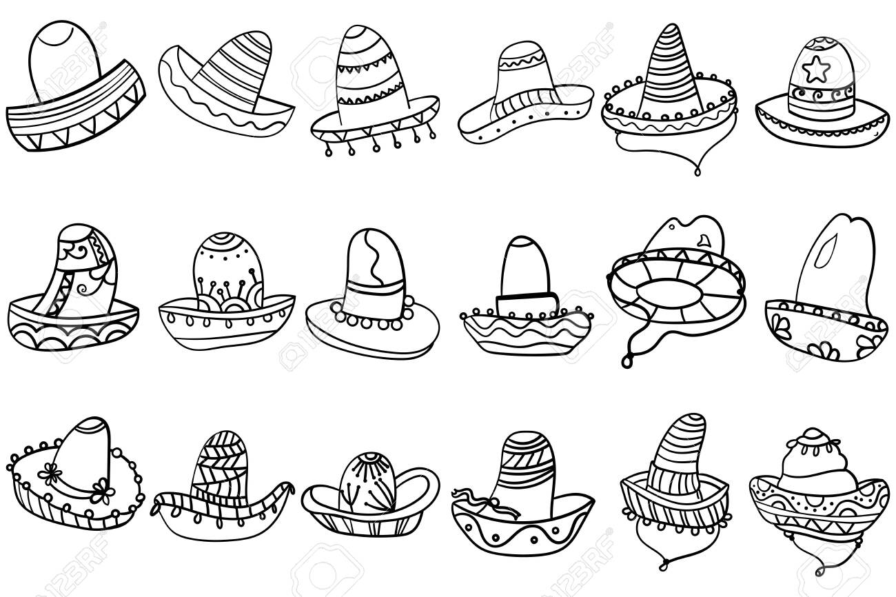 Set coloring page or book of doodle mexican hats sombrero the culture of mexico cinco de mayo