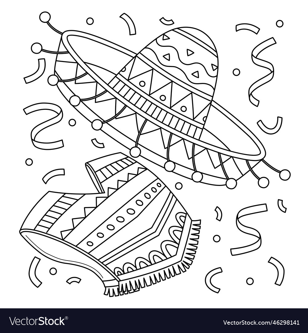 Cinco de mayo sombrero poncho coloring page vector image
