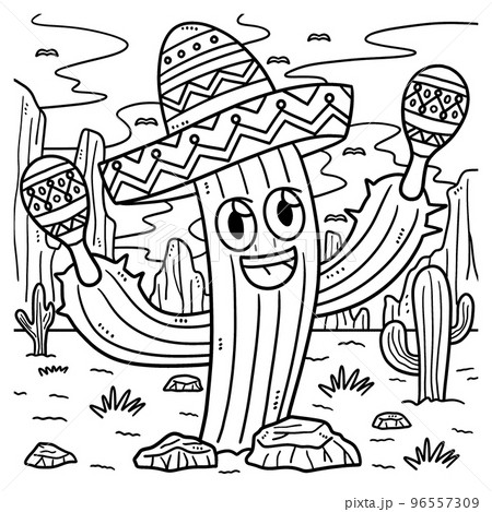 Cinco de mayo cactus with sombrero coloring page