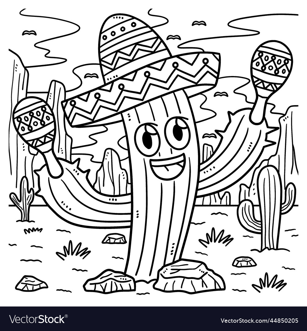 Cinco de mayo cactus with sombrero coloring page vector image