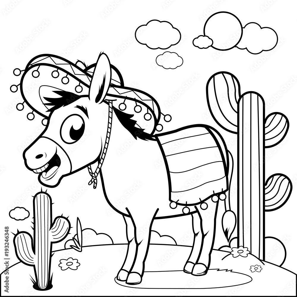 Mexican donkey with sombrero in the desert vector black and white coloring page vector