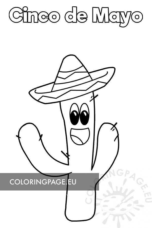 Printable mexican cactus with sombrero coloring page