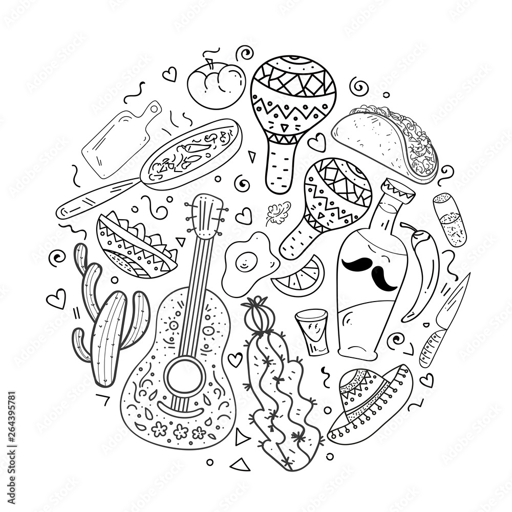 Set of coloring page pattern adult coloring book set and antistress freehand sketch mexican sombrerobottle tequilamaracamexican burrito fried egg pepper vector illustration vector