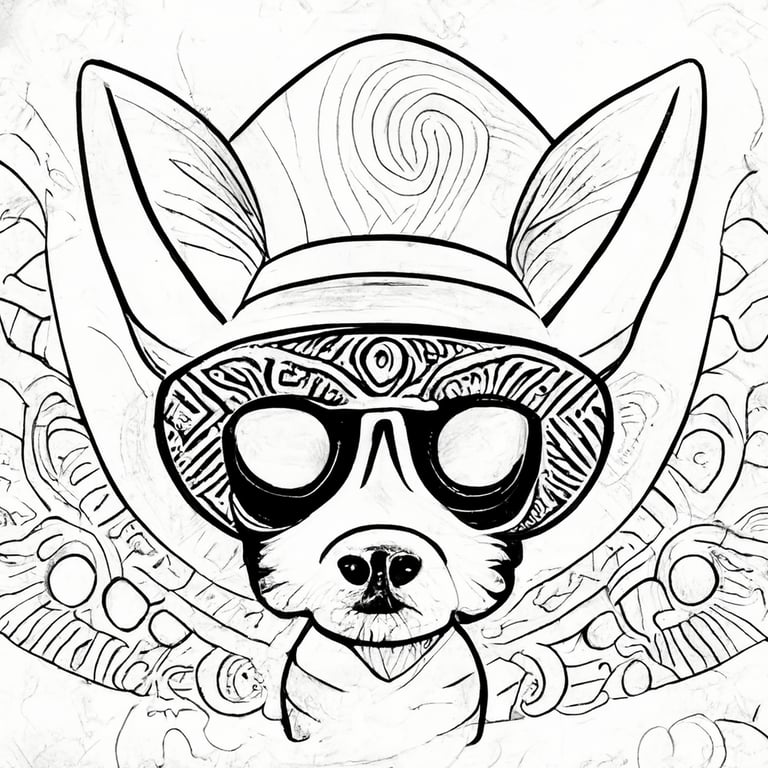 Bold black and white pages psychedelic mexican chihuahua wearing sombrero and sunglasses crisp clean lines coloring page for adults printable outlined art