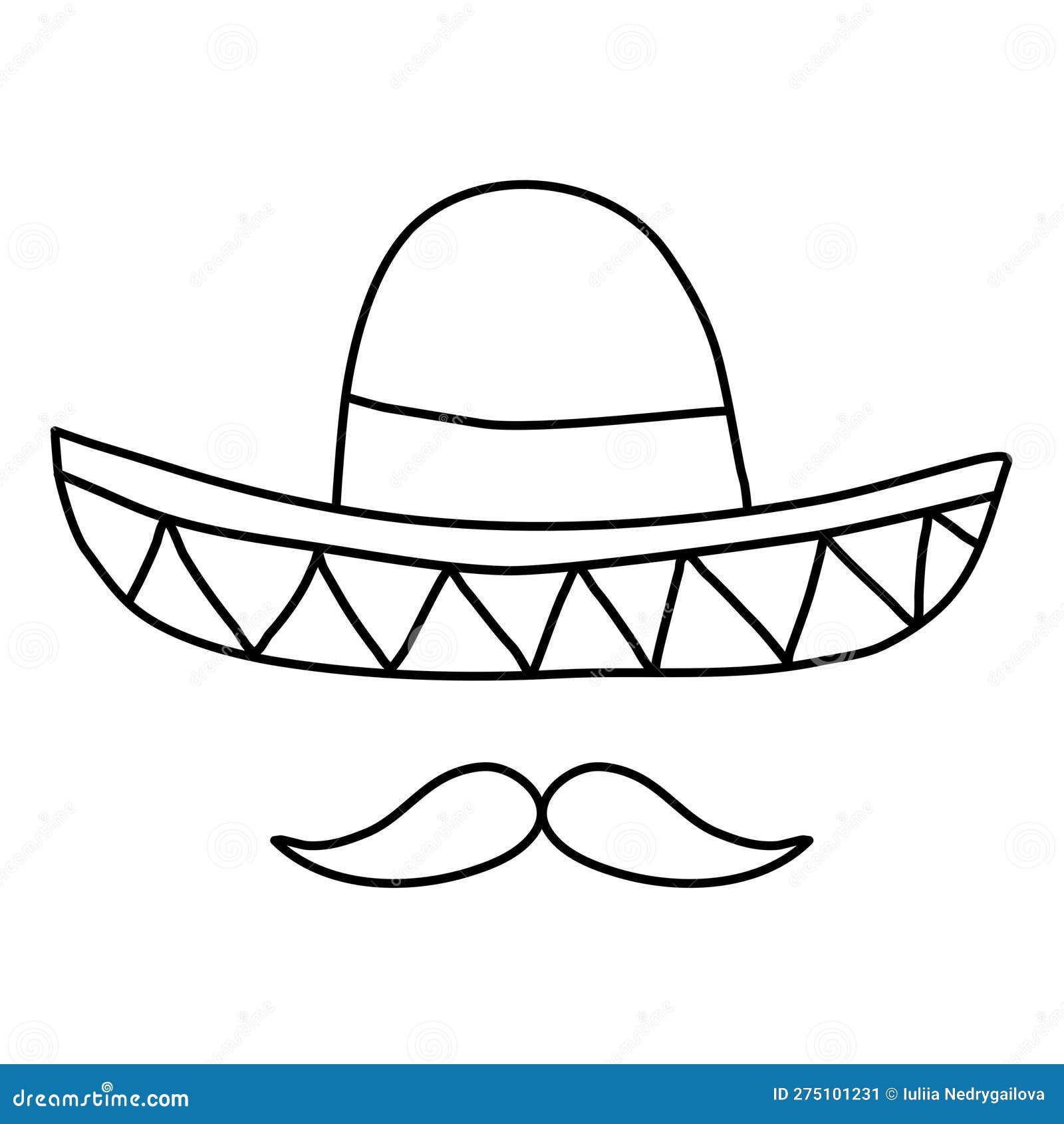 Mexican hat sombrero with moustache doodle style flat vector outline for coloring book stock vector
