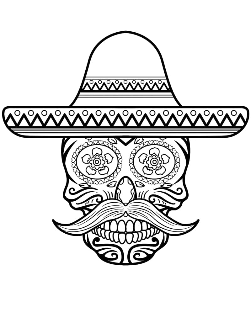 Sugar skull with sombrero coloring page