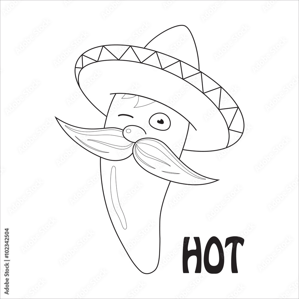 Coloring book with funny colorless chili pepper in sombrero vector