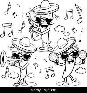 Cartoon mariachi peppers wearing sombreros and playing music black and white coloring page illustration stock vector image art