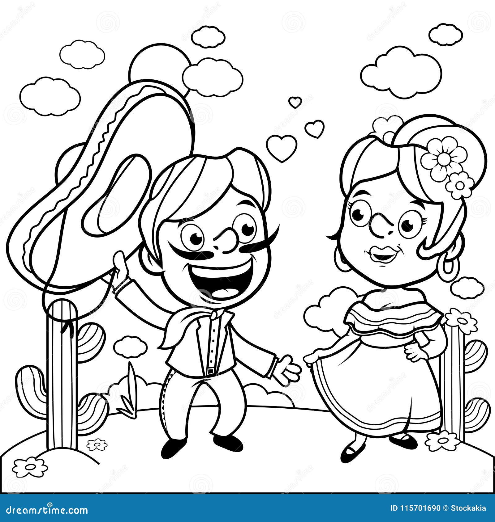 Mexican mariachi man and woman in the desert vector black and white coloring page stock vector