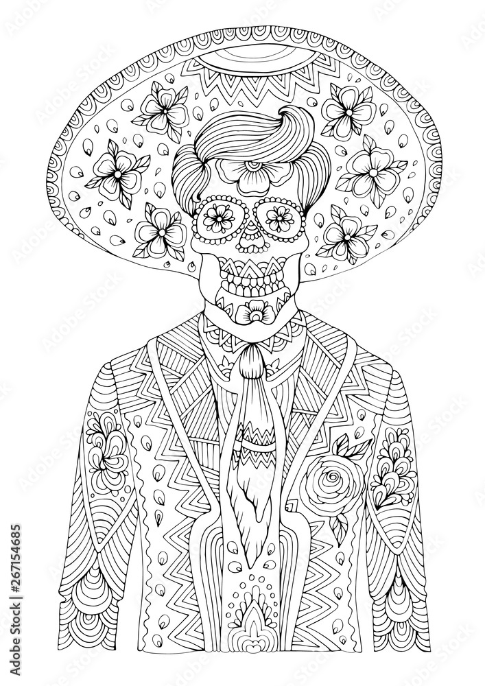 Jpeg hand drawn man with sugar skull calavera makeup with patterned sombrero on his head mexican