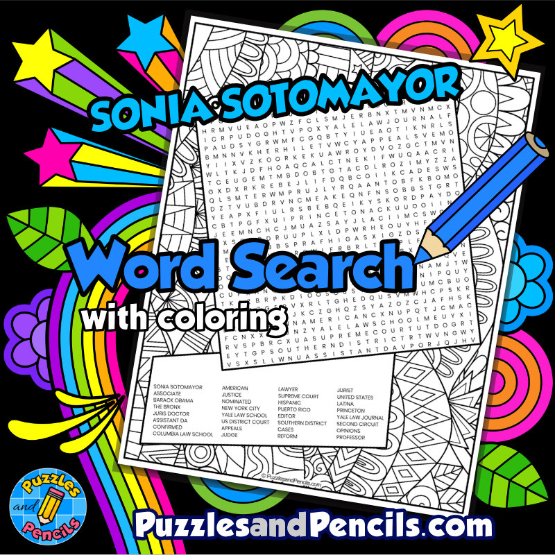 Sonia sotomayor word search puzzle activity page with coloring womens history month wordsearch made by teachers