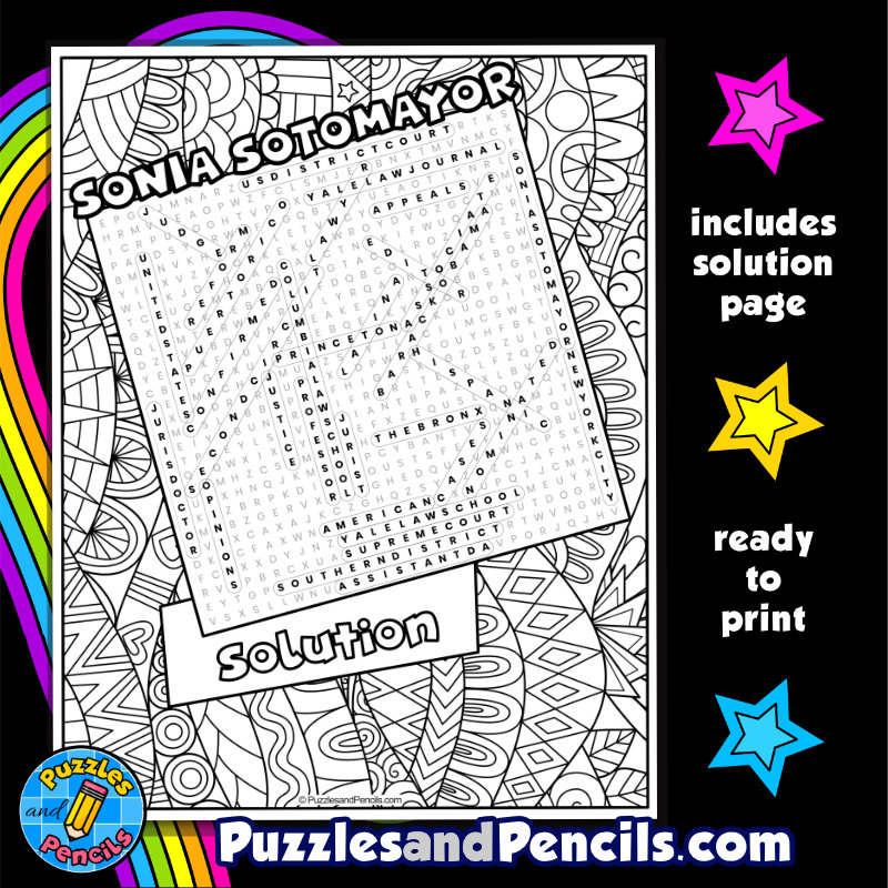 Sonia sotomayor word search puzzle activity page with coloring womens history month wordsearch made by teachers
