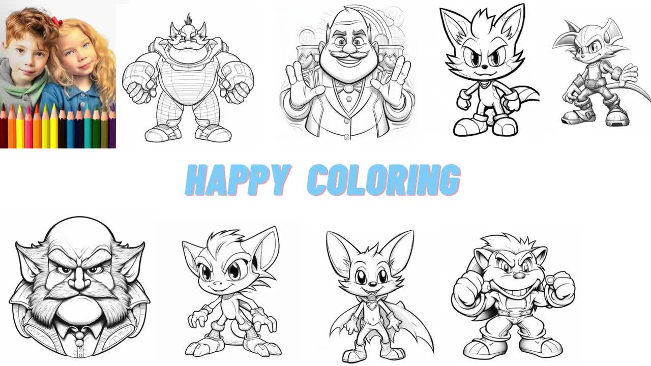Black white pages of sonic characters to practice coloring
