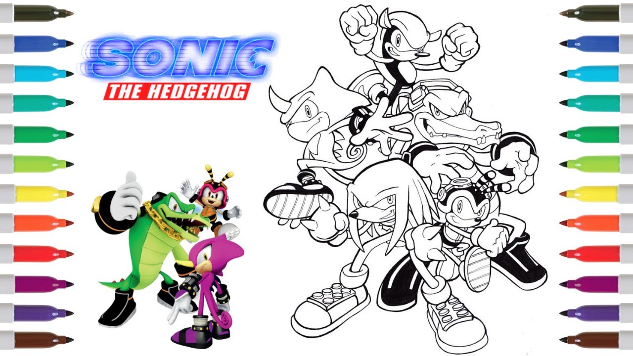 Sonic the hedgehog coloring book page team chaotix knuckles mighty charmy bee vector espio