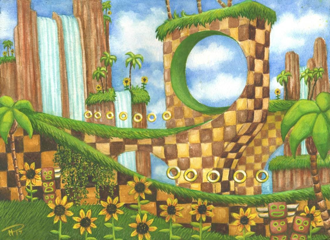 Sonic green hill zone watercolor painting reproduction print
