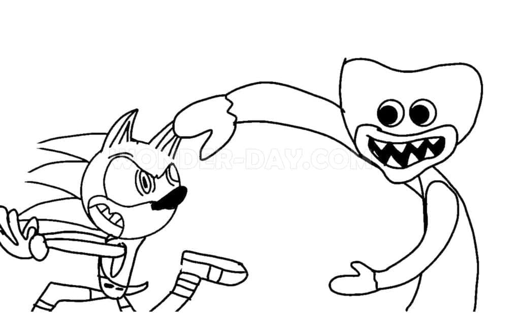 Sonic and huggy wuggy coloring page
