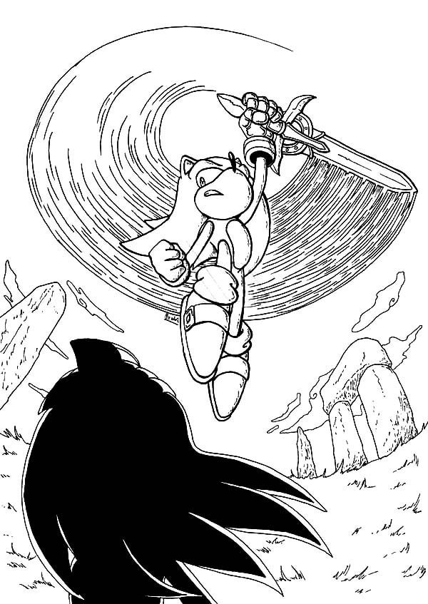 Knuckles faces sonic with his sword coloring page