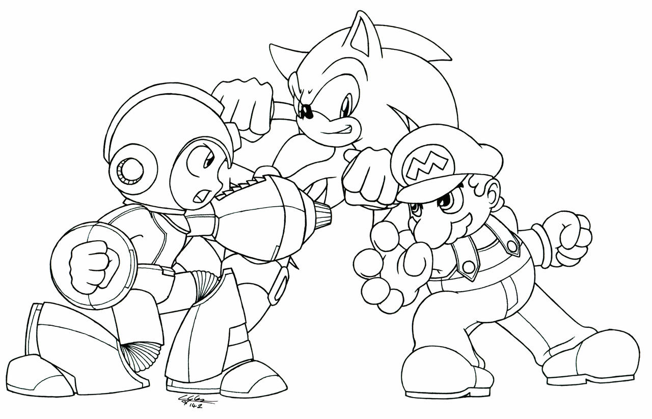 Megaman vs sonic vs mario lineart by nbd on