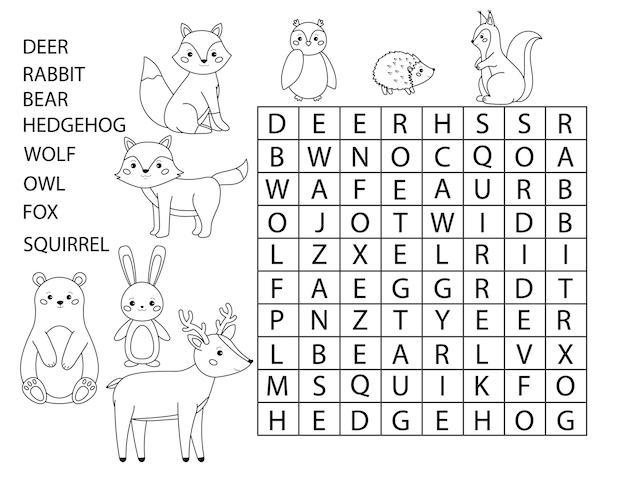 Premium vector coloring page with word search forest animals