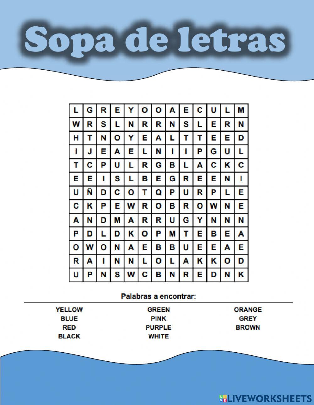 Sopa de letra colores en ingles worksheet live worksheets