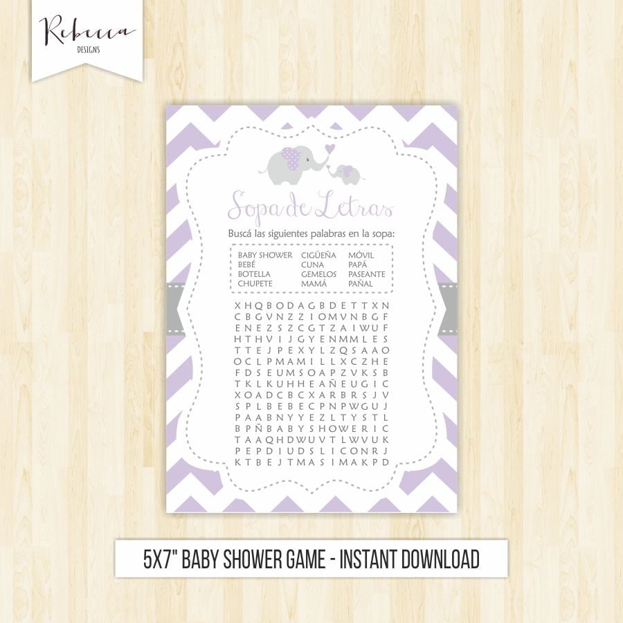 Sopa de letras baby shower lavender wordsearch game in spanish