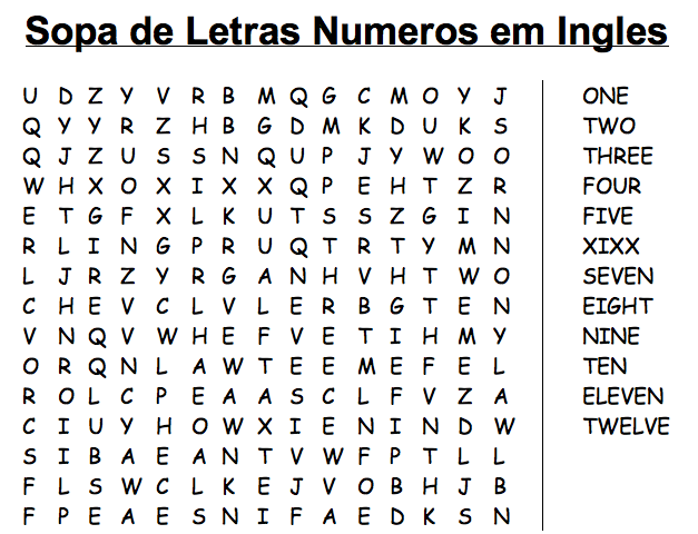 Sopa de letras de nãºmeros em inglãªs
