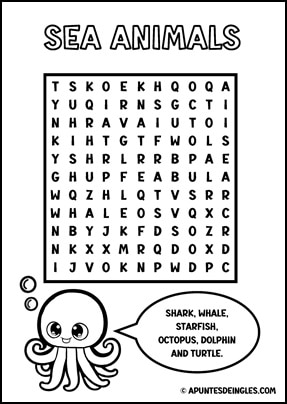 Sopa de letras de los animales marinos en inglãs para imprimir apuntes de inglãs
