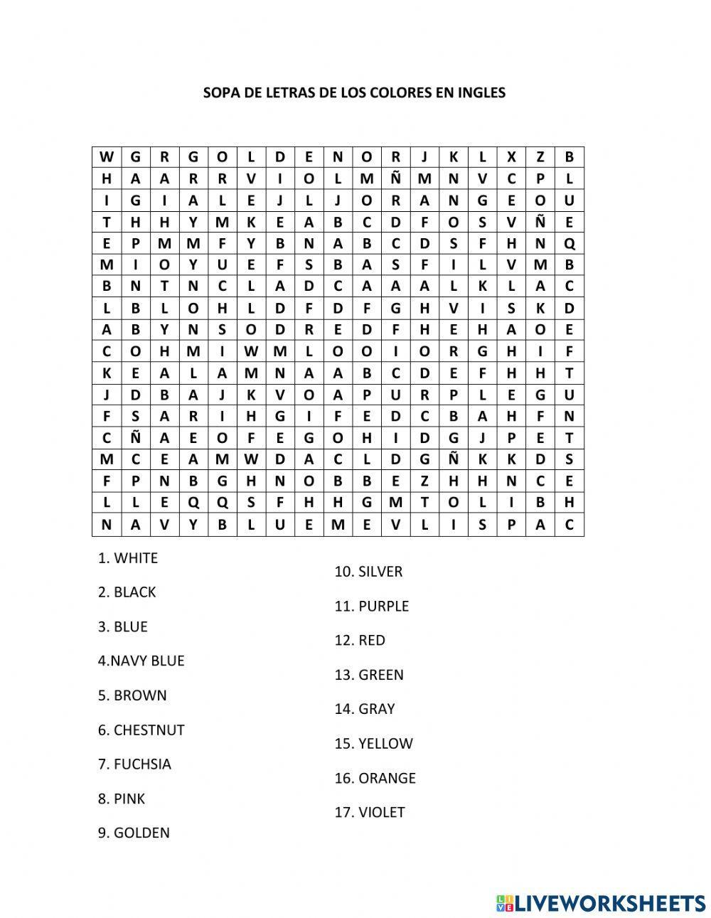 Sopa de letras de los colores en ingles worksheet live worksheets