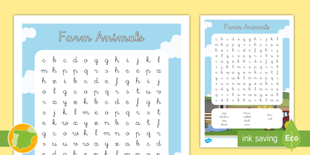 A sopa de letras animales de la granja en inglãs