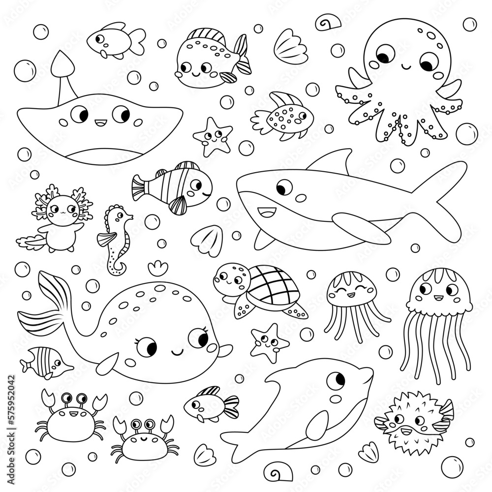 Coloring page with sea animals cute cartoon characters set ocean fish octopus dolphin shark whale turtle and crab doodle style outline vector illustration for coloring book