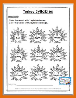 Free turkey syllable sort coloring worksheet worksheet syllables free printable â fun language arts counting activities preschool thanksgiving language arts