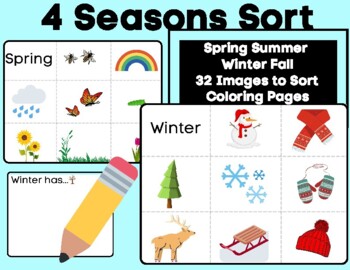 Four season image sort game and coloring pages spring summer fall winter