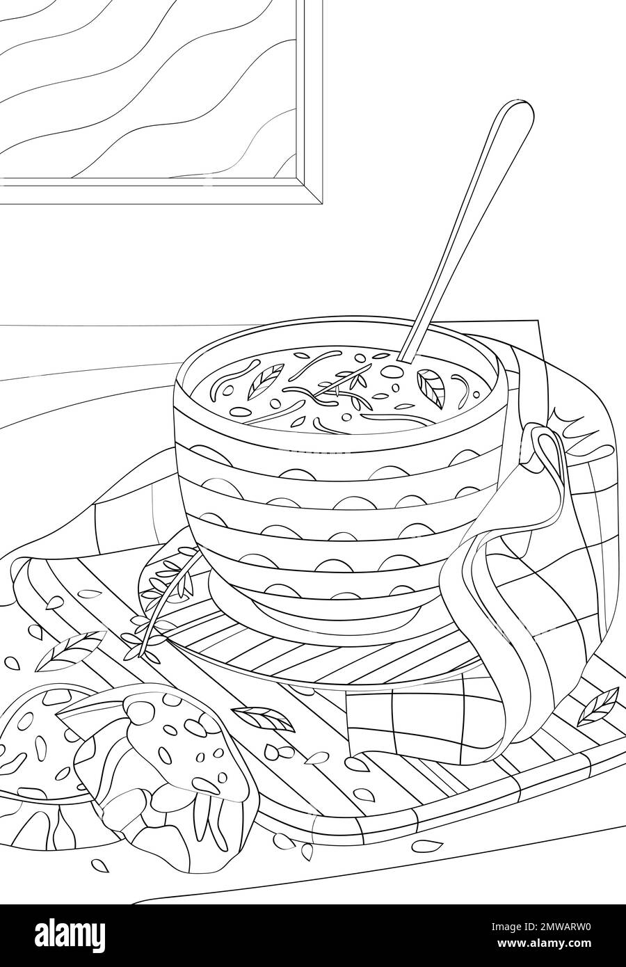 A bowl of soup and two slices of bread vector anti stress coloring book stock vector image art