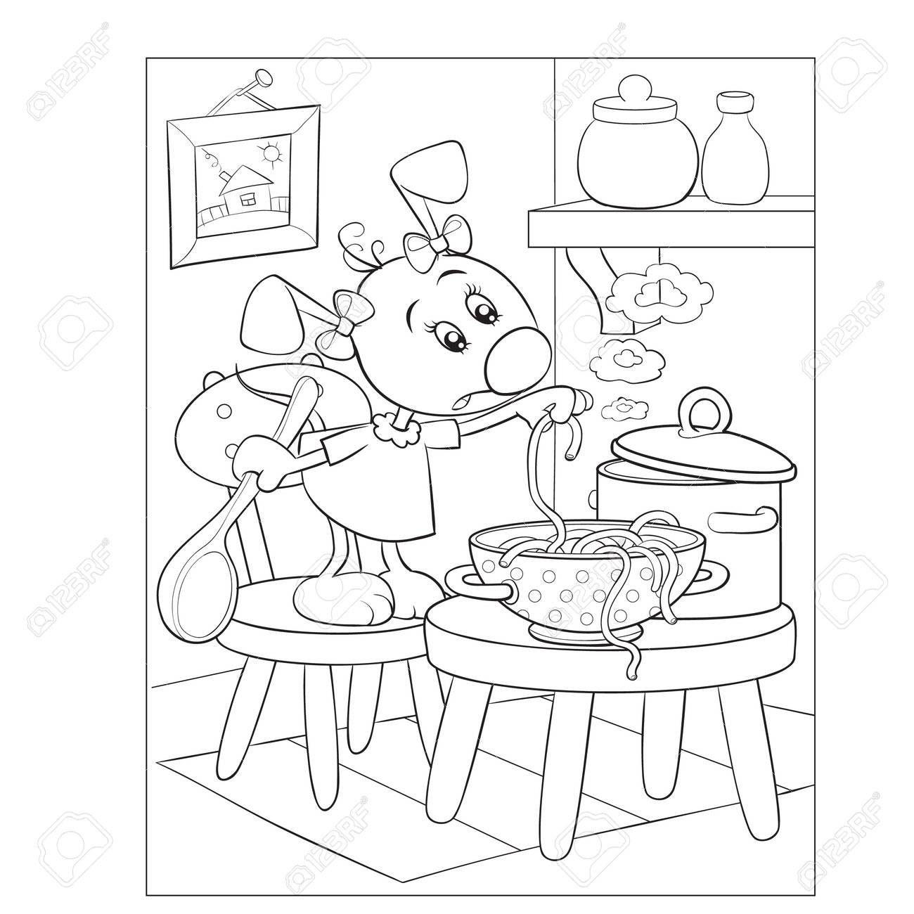Coloring book dog character cooking soup in the kitchen isolated object on white background vector illustration cartoon illustration eps royalty free svg cliparts vectors and stock illustration image