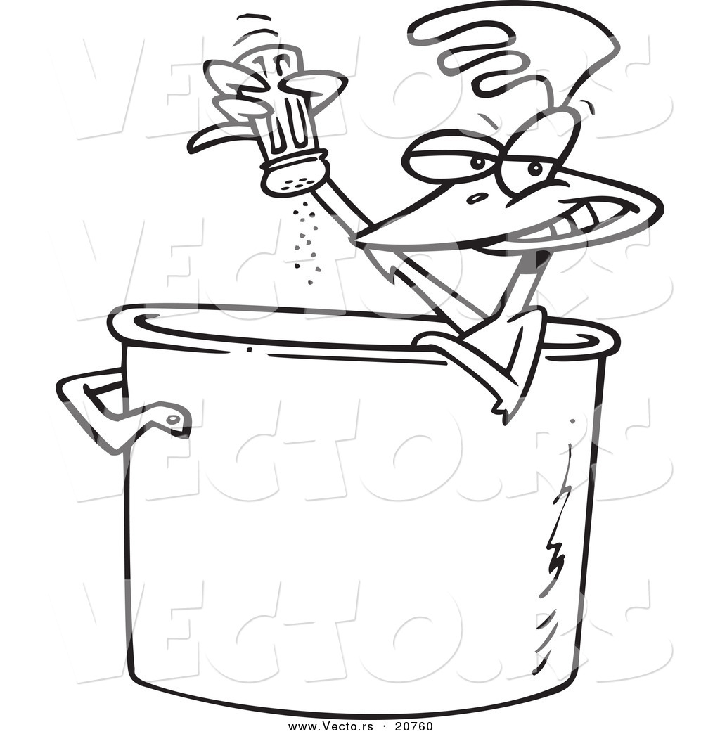R of a cartoon chicken seasoning himself in a soup pot