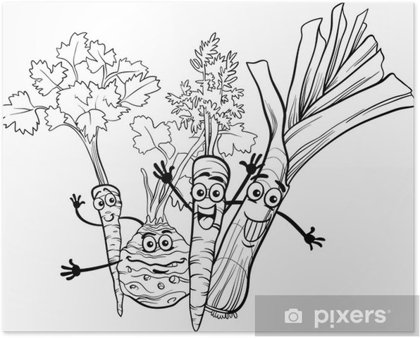 Poster cartoon soup vegetables for coloring book
