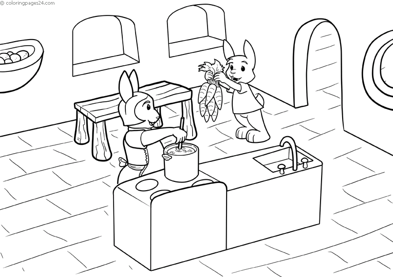 Mommy rabbit and her kid is making carrout soup coloring pages