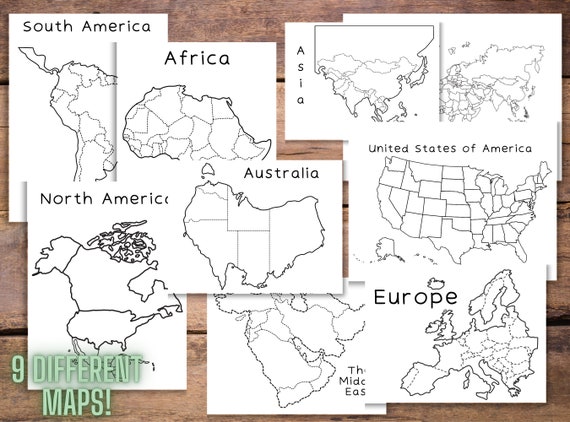 World map giant coloring pages bundle countries of the world continents work sheet africa map asia map australia map south america instant download
