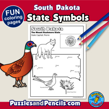 South dakota symbols coloring pages with map and state flag state symbols