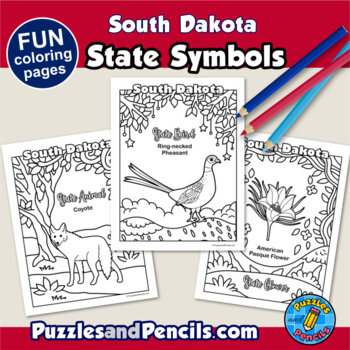 South dakota symbols coloring pages with map and state flag state symbols
